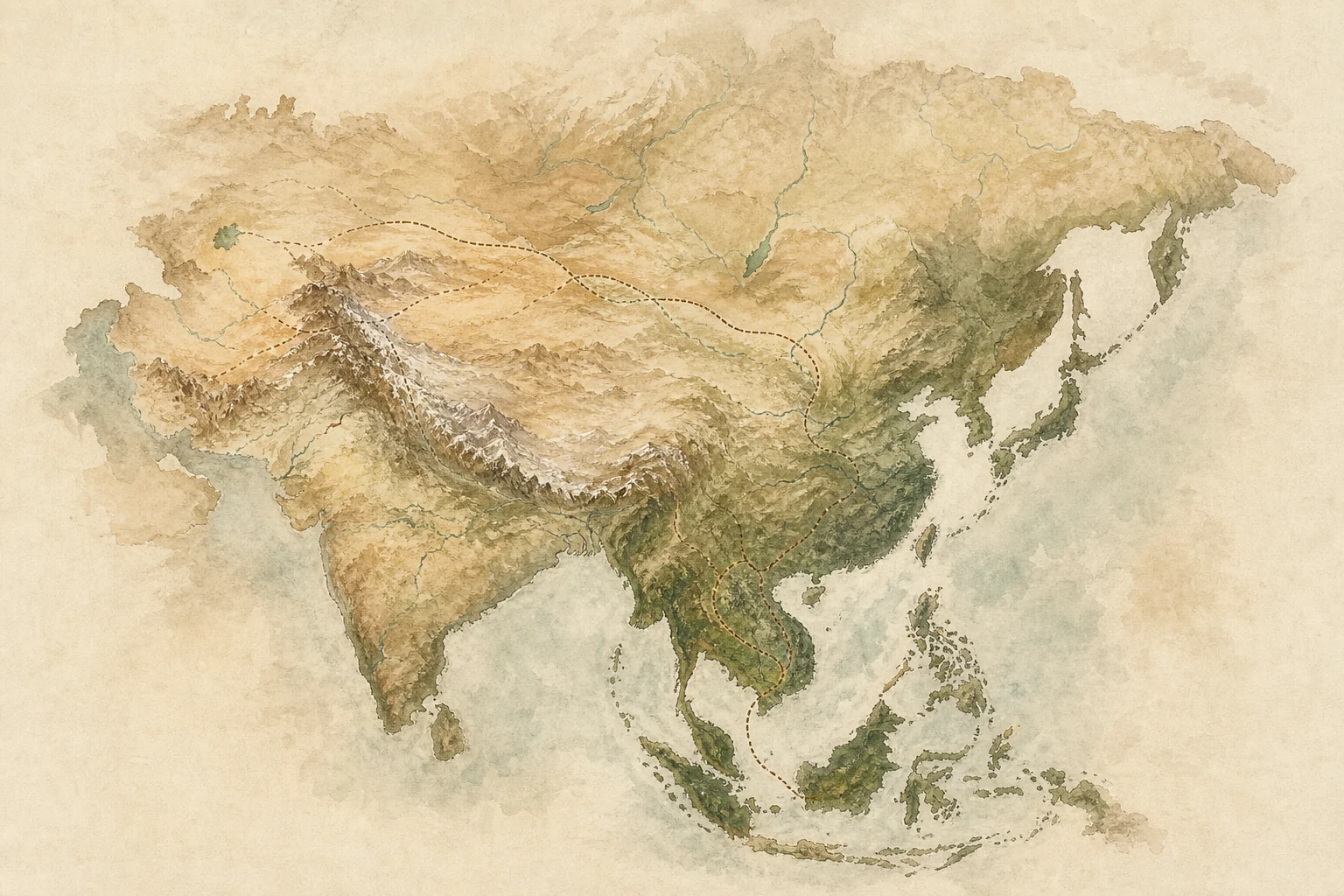 Carte illustrée de l’Asie traversée par plusieurs itinéraires de voyage.