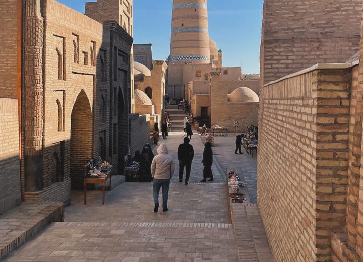 Brick alley and minaret in Khiva’s old town.