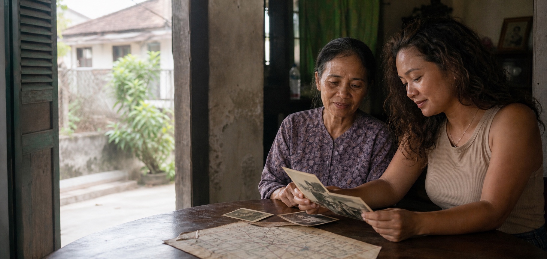 Deux femmes parcourant des photographies familiales au Vietnam