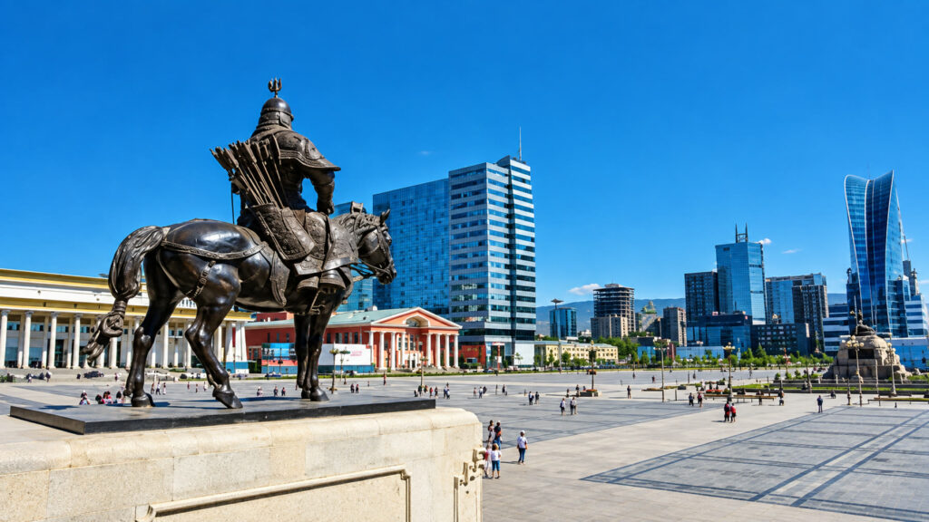 Place centrale et statue équestre à Oulan-Bator