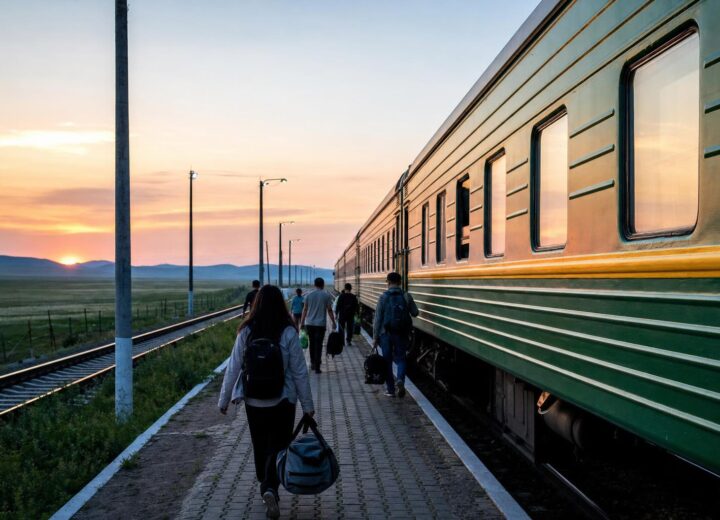 Voyageurs sur le quai d’une gare de Mongolie au crépuscule, train à l’arrêt.