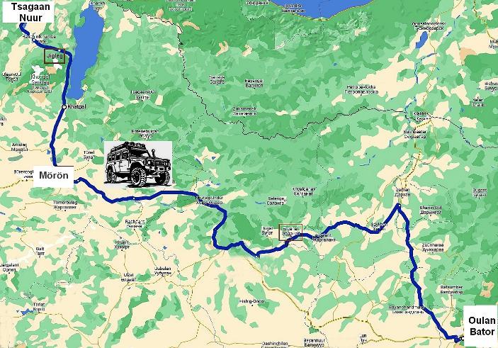 Carte de l’itinéraire entre Oulan-Bator, Mörön et Tsagaan Nuur.