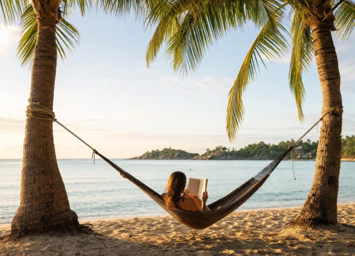 Hammock strung between two coconut trees on a beach in Koh Samui.